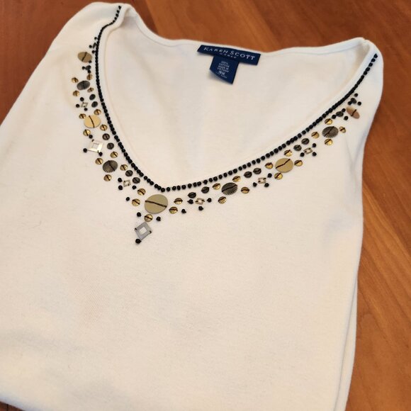 ✨ Karen Scott Woman’s Embellished V-Neck Cotton Tee - Size: Women's Plus 3X - Picture 1 of 6